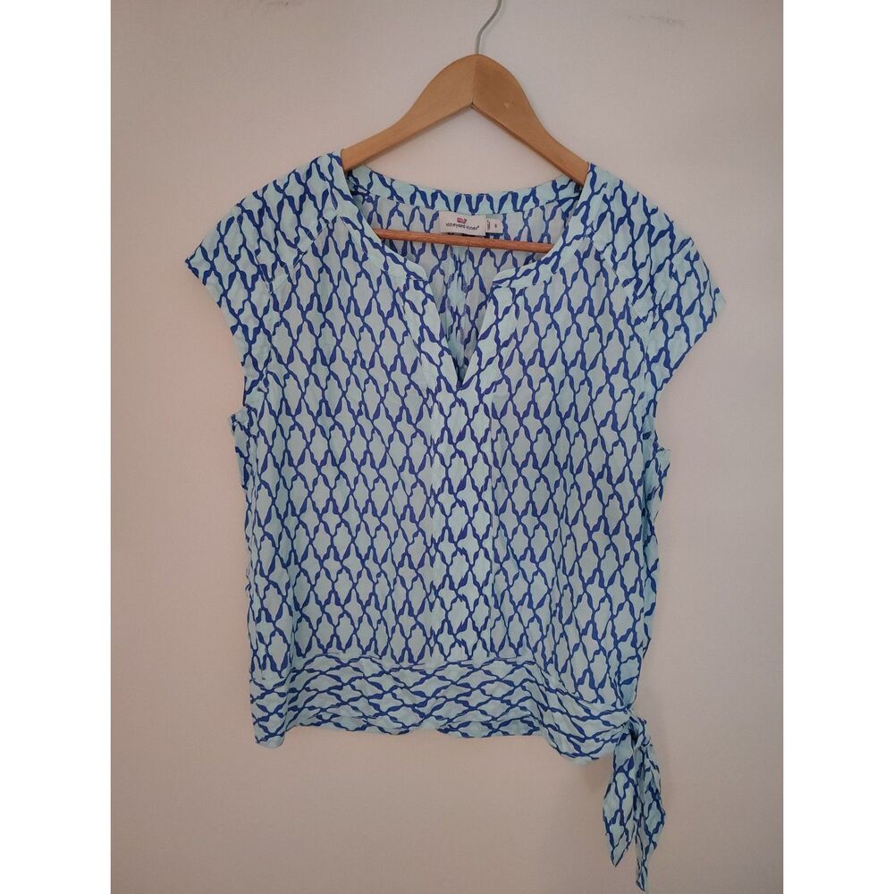 Vineyard Vines Preppy Costal Beach Blue Aqua Abstract Print Tie-Hem Blouse